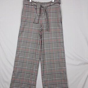New York Company Women Wide Leg Pants 12 Black Plaid Stretch Belted Rayon Blend